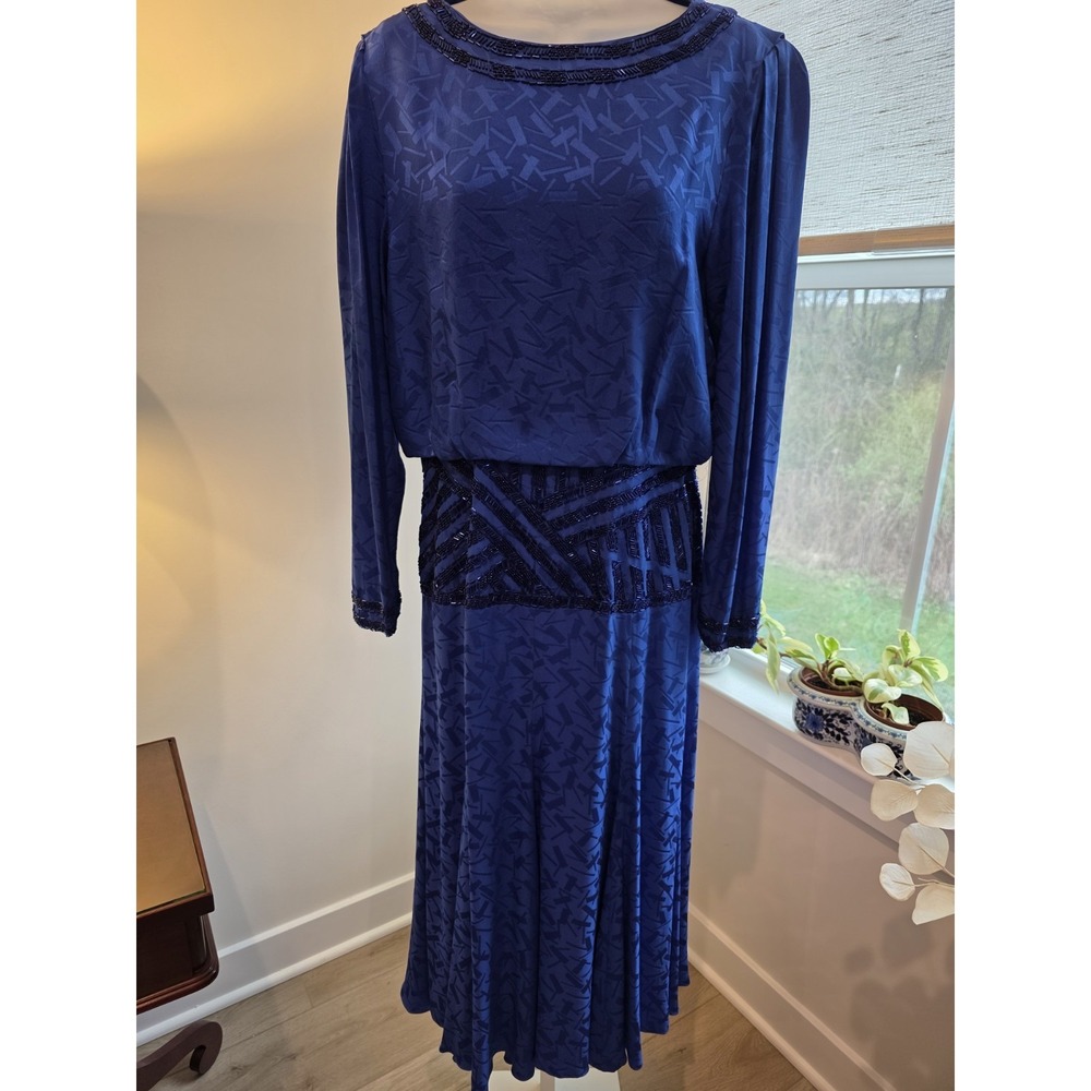 Vintage 80s Satin Print Royal Blue Maxi Cocktail Dress Open Back Sz.8/10 (M) - Picture 5 of 15